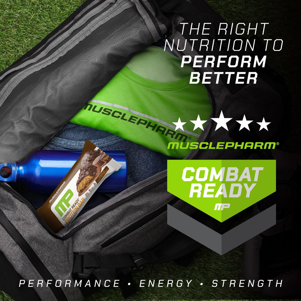 MusclePharm Combat Sport Bar nutrition facts highlight 20g protein and 5g fiber.