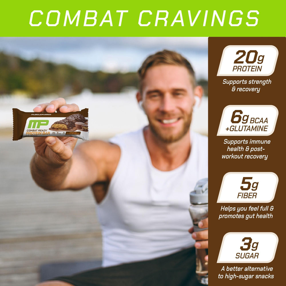 MusclePharm Combat Sport Bar unwrap reveals chewy-crispy texture for quick fueling.