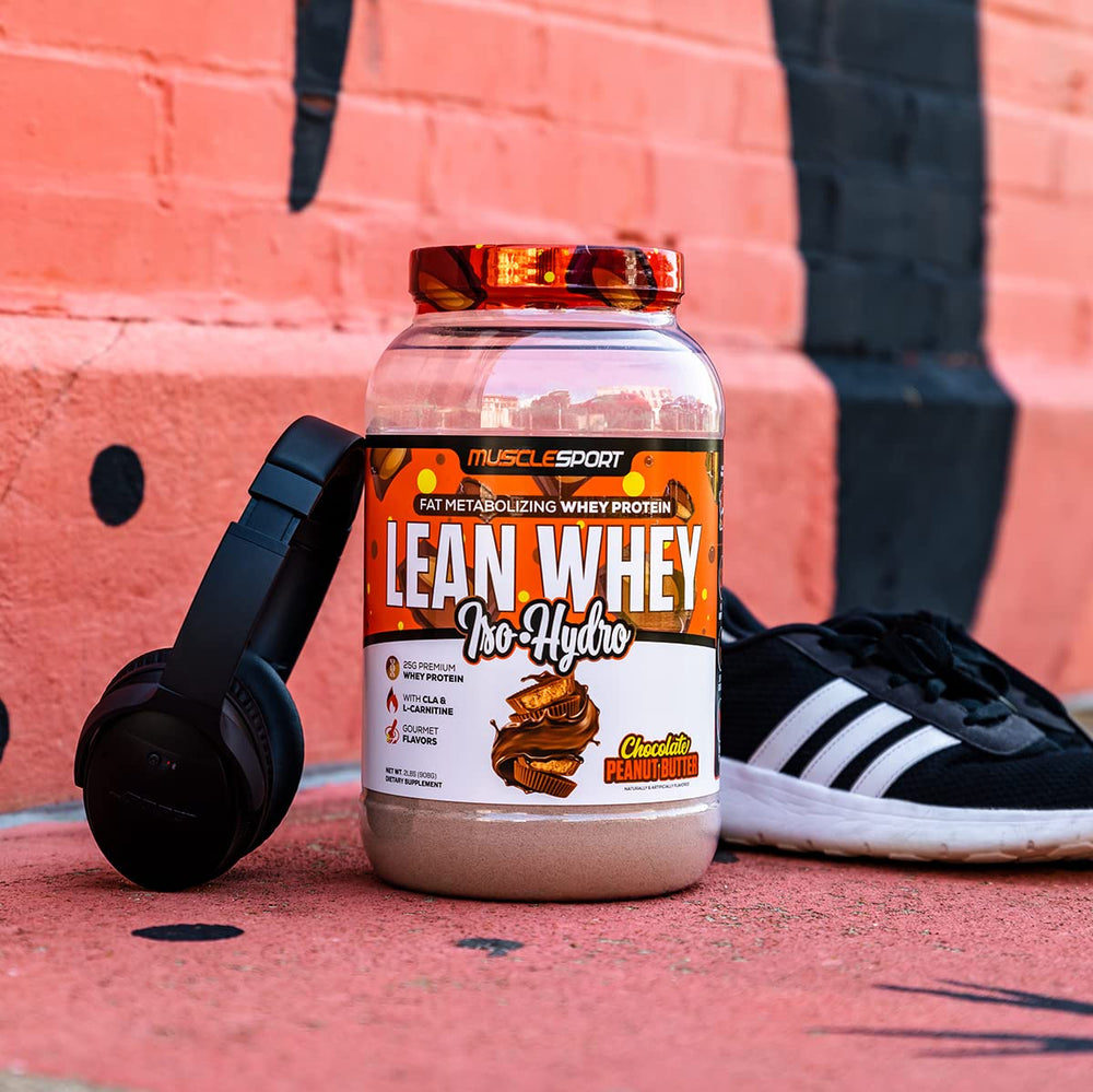 MuscleSport Lean Whey Revolution Strawberry Cheesecake flavor protein powder canister