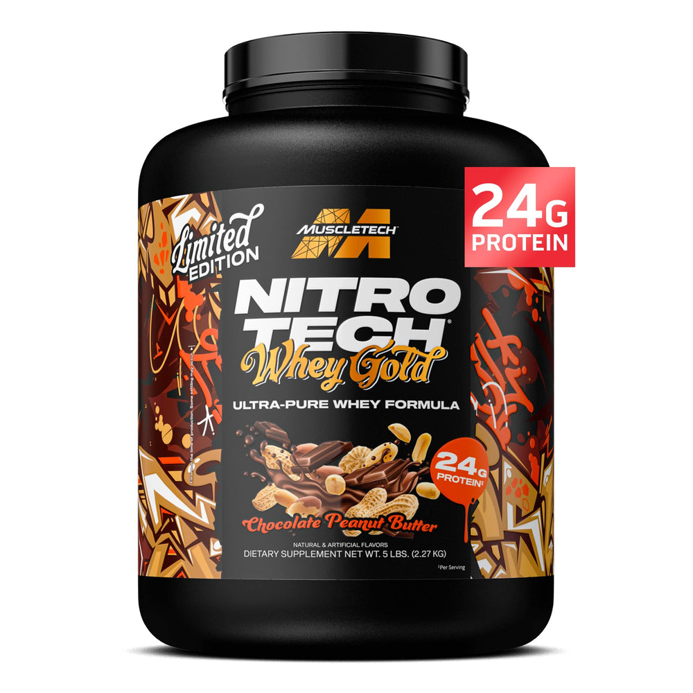 MuscleTech Nitro-Tech Whey Gold tub front view in Chocolate Peanut Butter conveying fast recovery