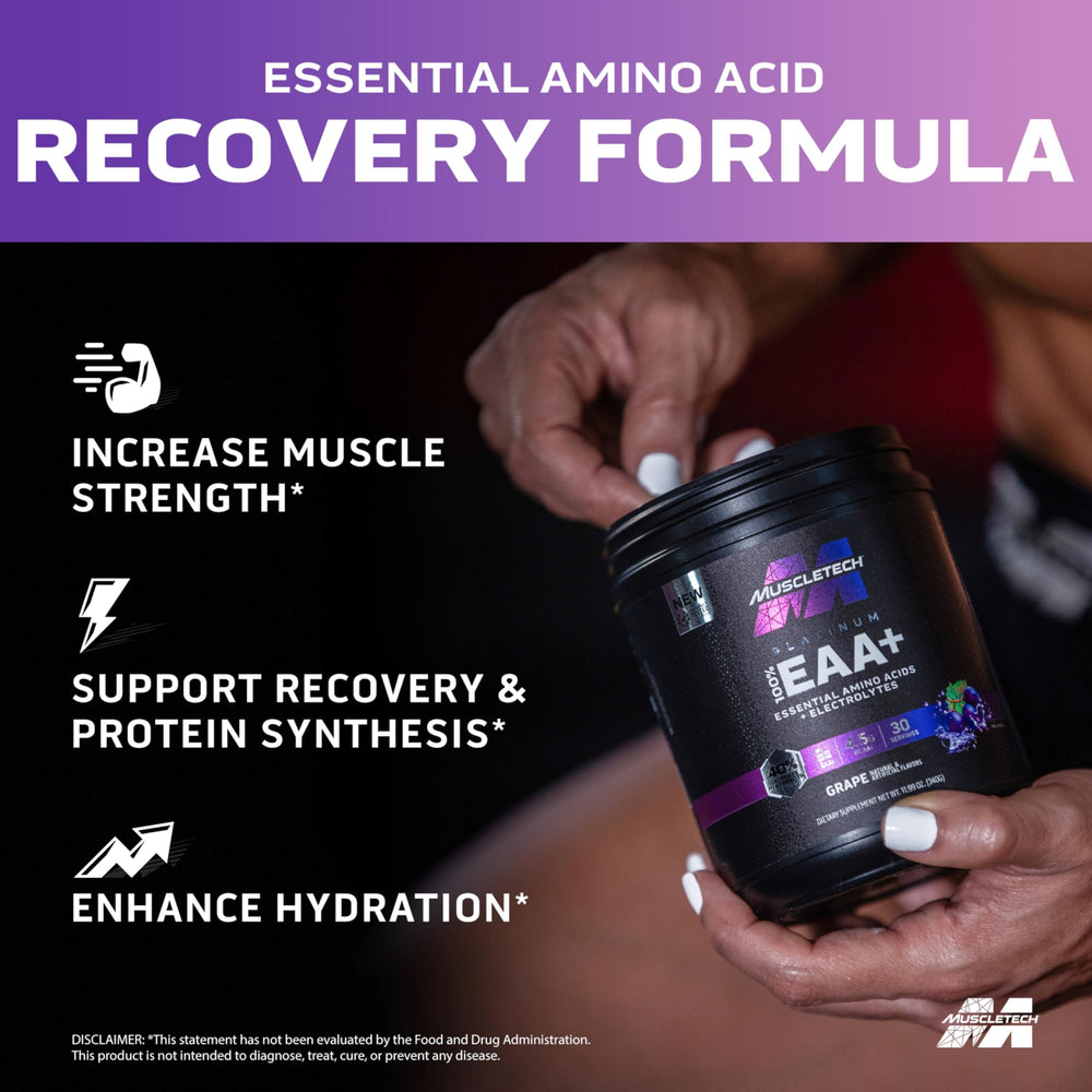 Close-up of MuscleTech Platinum EAA+ Grape label