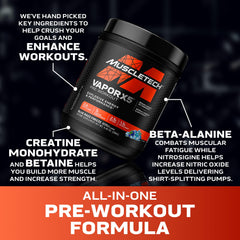 Graphic showing VaporX5 key ingredients: Creatine Monohydrate, Nitrosigine, Beta-Alanine, Betaine