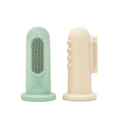 Front view of mushie Baby Finger Toothbrush 2-pack in Cambridge Blue and Shifting Sand