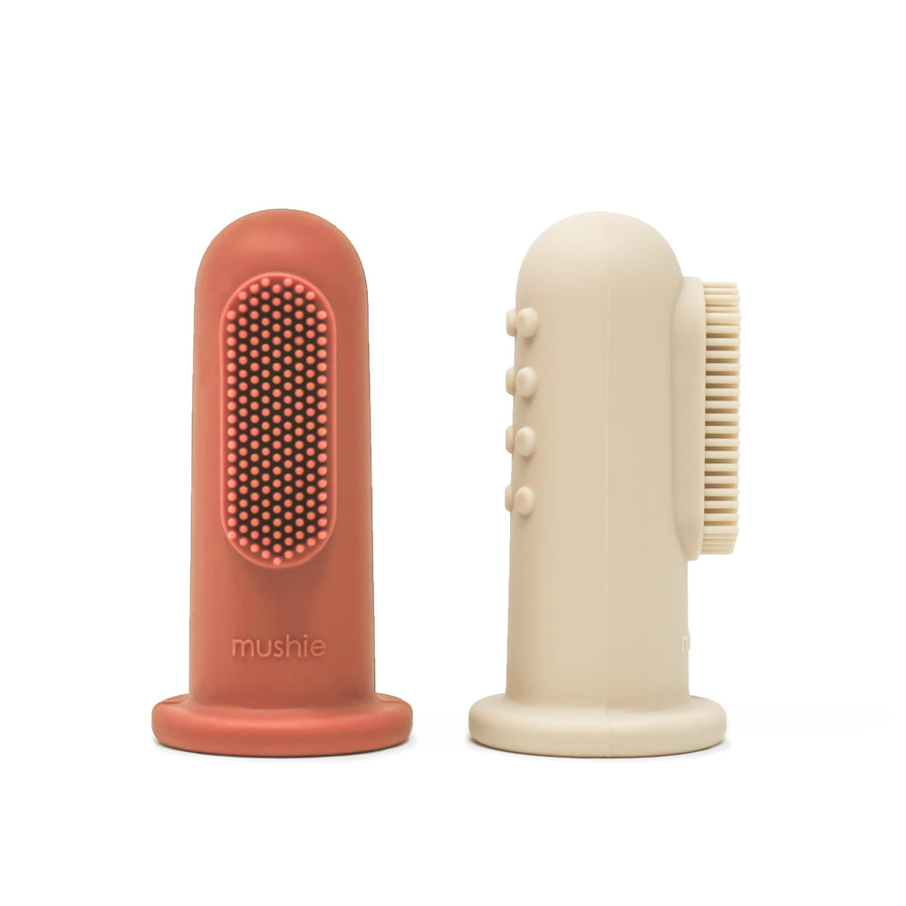 Mushie Baby Finger Toothbrush Clay/Shifting Sand front view