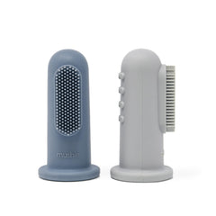 Mushie baby finger toothbrush Tradewinds and Stone colors on hand