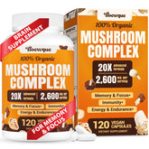 Front view of 20-in-1 mushroom supplement bottle