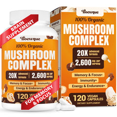 Front view of 20-in-1 mushroom supplement bottle