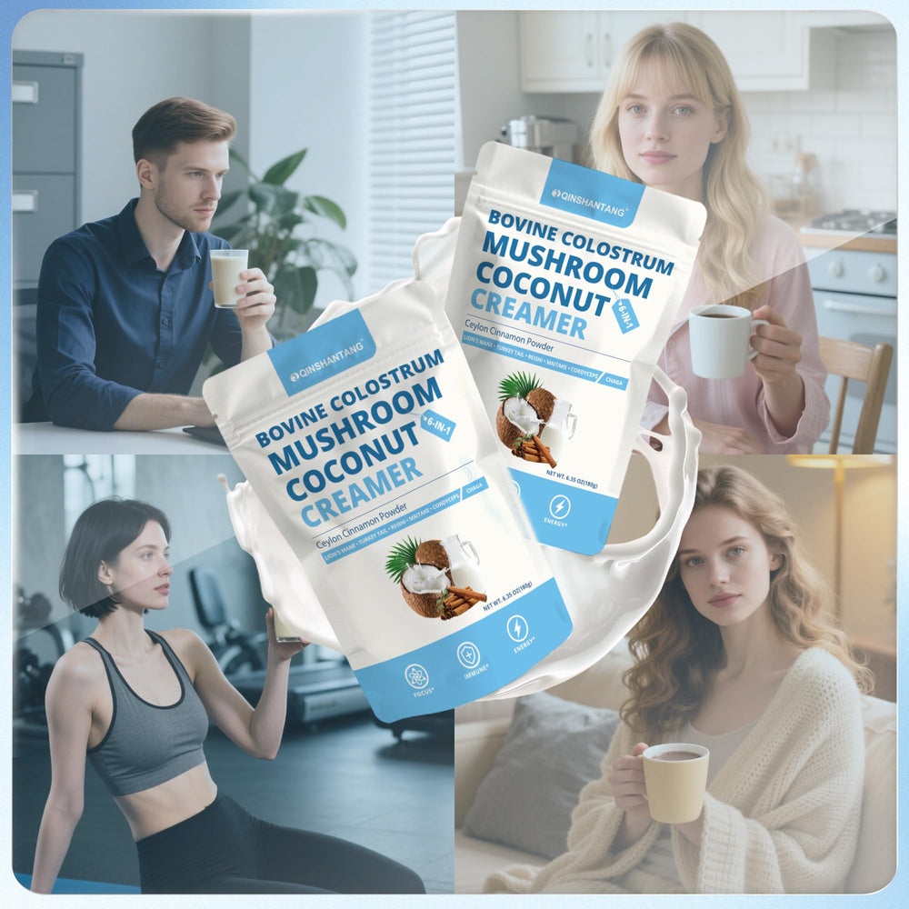 6.35 oz container of Mushroom Coconut Creamer with Colostrum powder