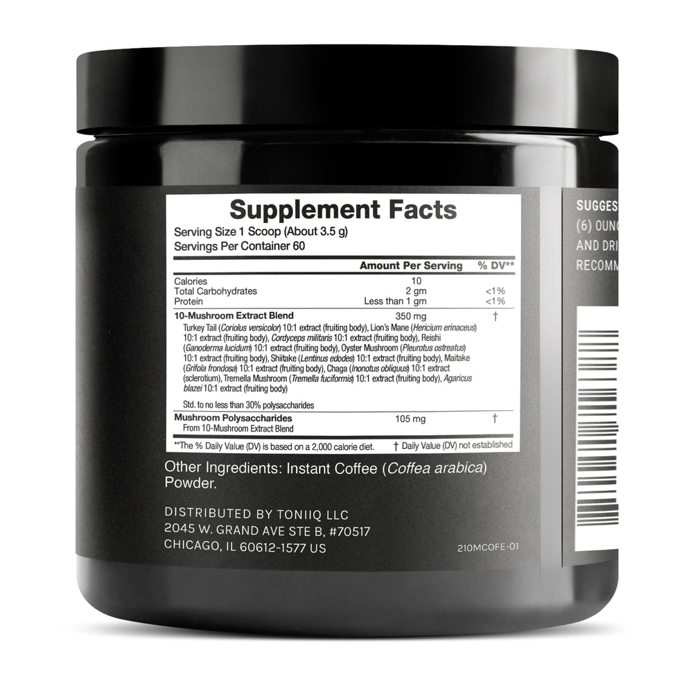 Close-up of 10:1 mushroom blend and coffee