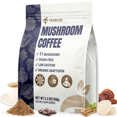 Mushroom coffee blend with 11 organic mushrooms including Lion's Mane, Reishi, and Chaga in a 5.3oz package