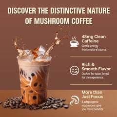 Cup of prepared mushroom coffee beside bottle and scoop