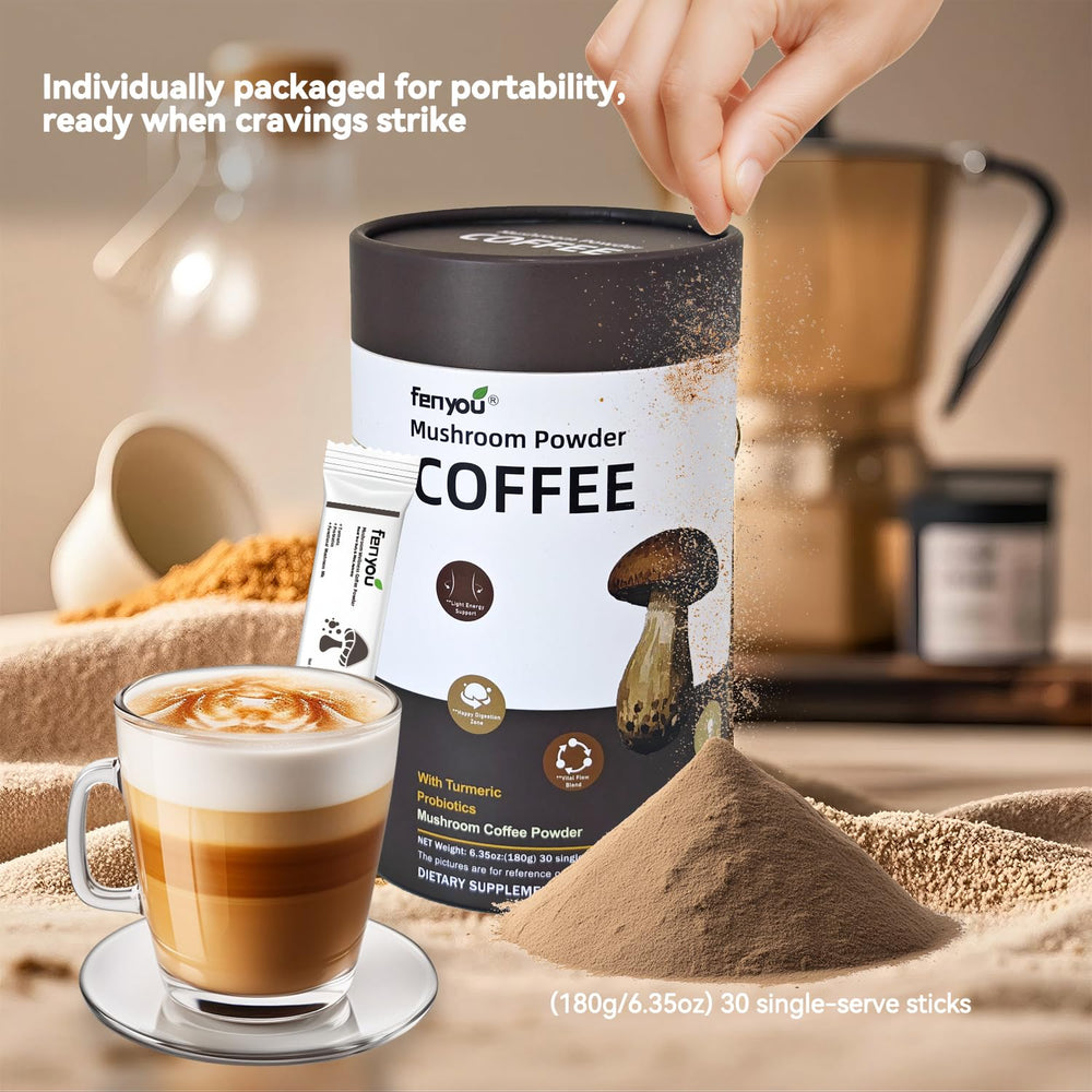 Digestive balance concept for gut comfort with mushroom coffee.