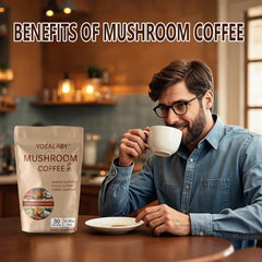 Instant mushroom coffee powder dissolving in water