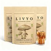 Three-pack packaging of Mushroom Coffee with Lions Mane and Turkey Tail