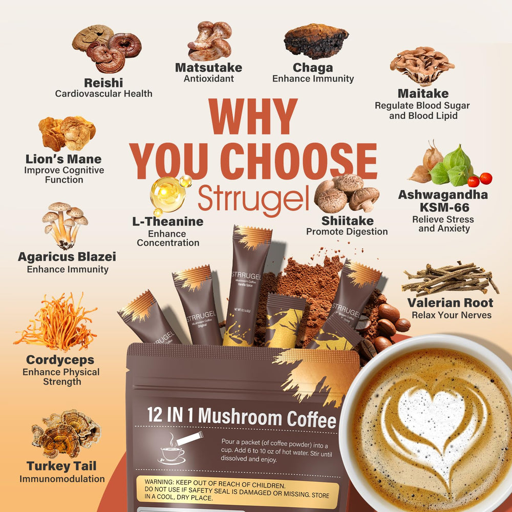Sugar-free, low-caffeine mushroom coffee packaging