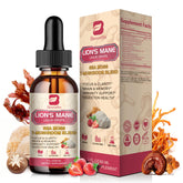 Product bottle showing Mushroom Complex Liquid Drop 8-in-1 Lions Mane blend