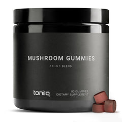 Bottle of mushroom gummies highlighting 10:1 extract with Lion's Mane, Chaga and Reishi