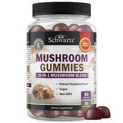 60-count bottle of raspberry-flavored 10-in-1 mushroom gummies