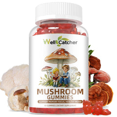 Front view of mushroom gummies with Ashwagandha and Lion’s Mane