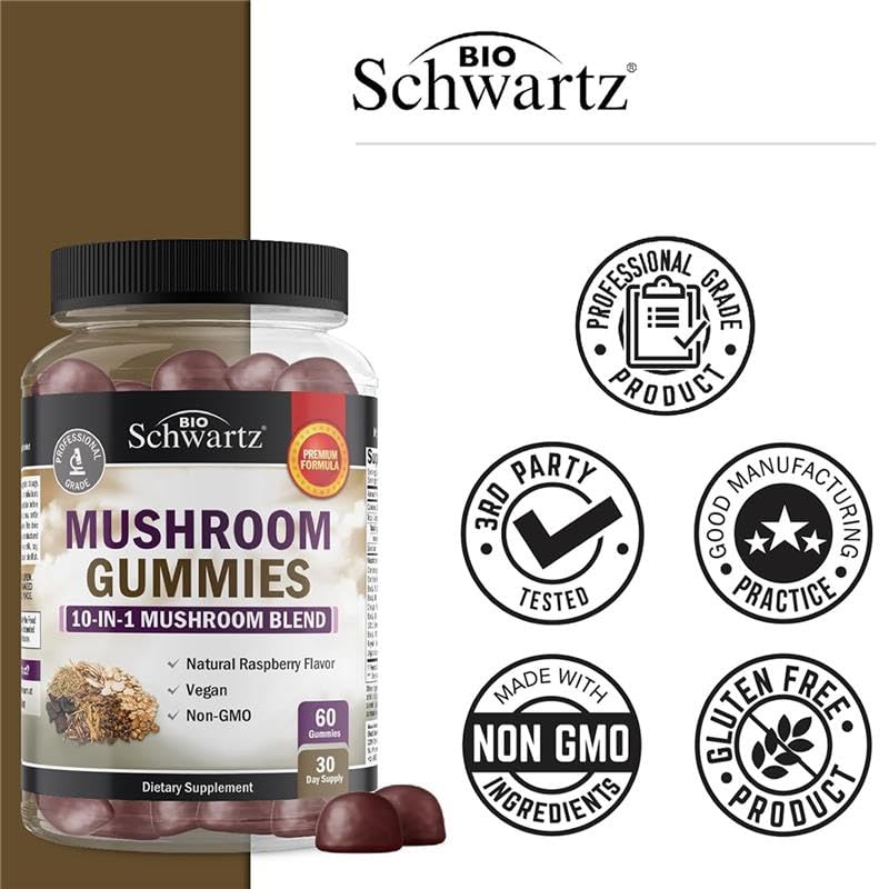 Assortment of mushrooms used in the gummy supplement