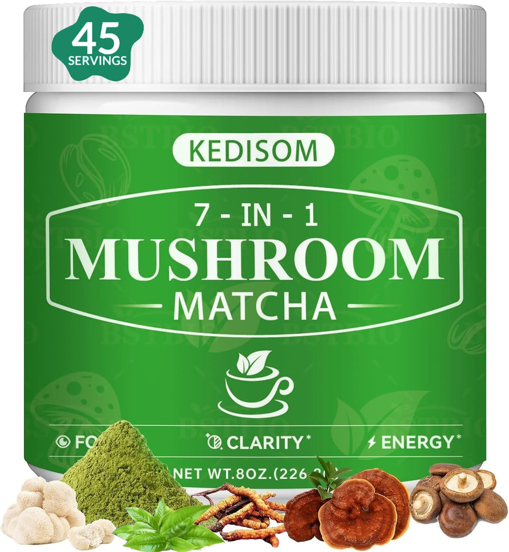 Hero shot of Mushroom Matcha Adaptogenic Blend with ceremonial-grade matcha and seven mushrooms