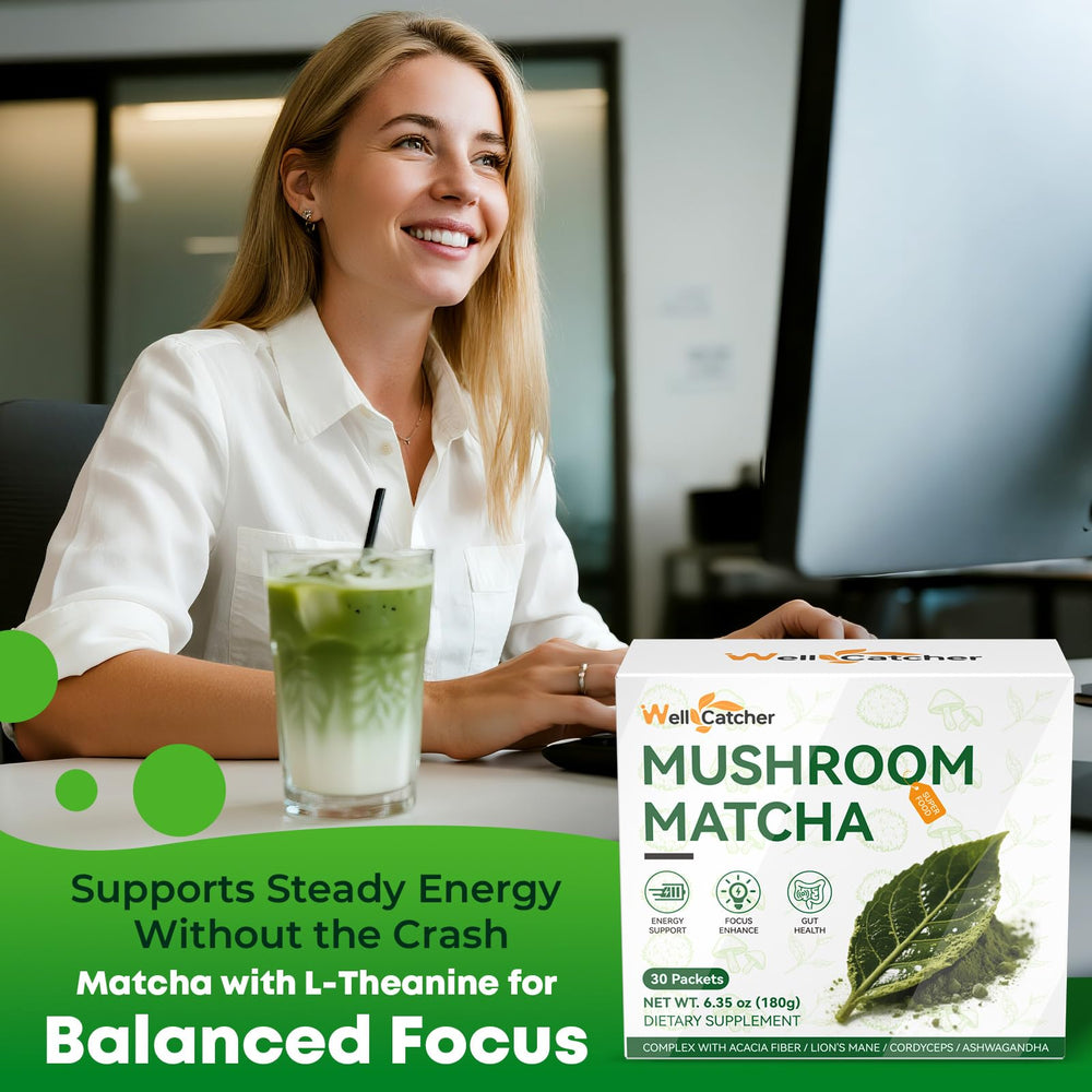 Mug of latte made with sugar-free mushroom matcha