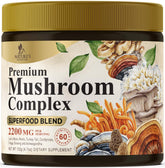 Product bottle label for Mushroom Powder Supplements 2200mg 11-in-1 Complex