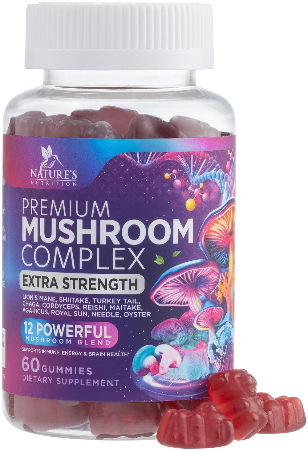 Hero shot of Mushroom Supplement Gummies bottle featuring 12-mushroom complex