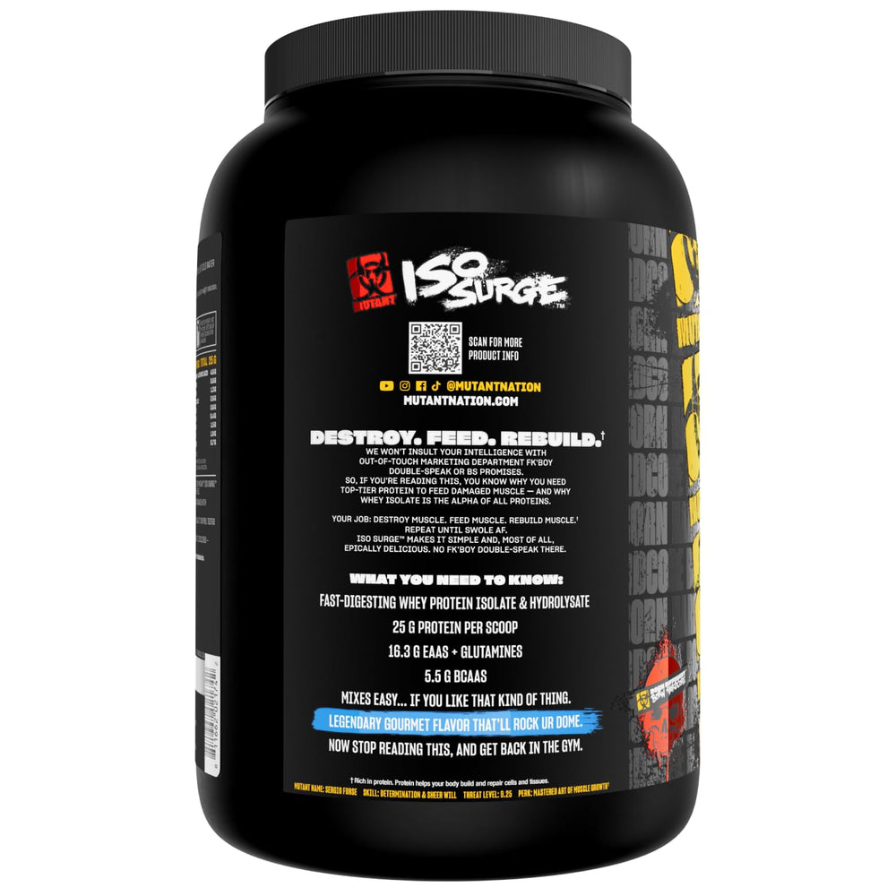 Mutant ISO Surge label-back close-up highlighting nutrition facts.