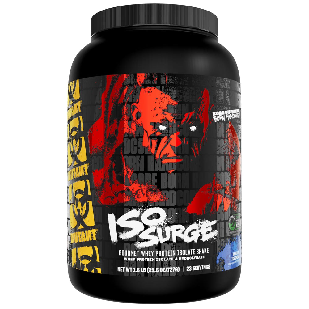 Mutant ISO Surge vanilla ice cream powder ready for mixing with quick protein delivery.