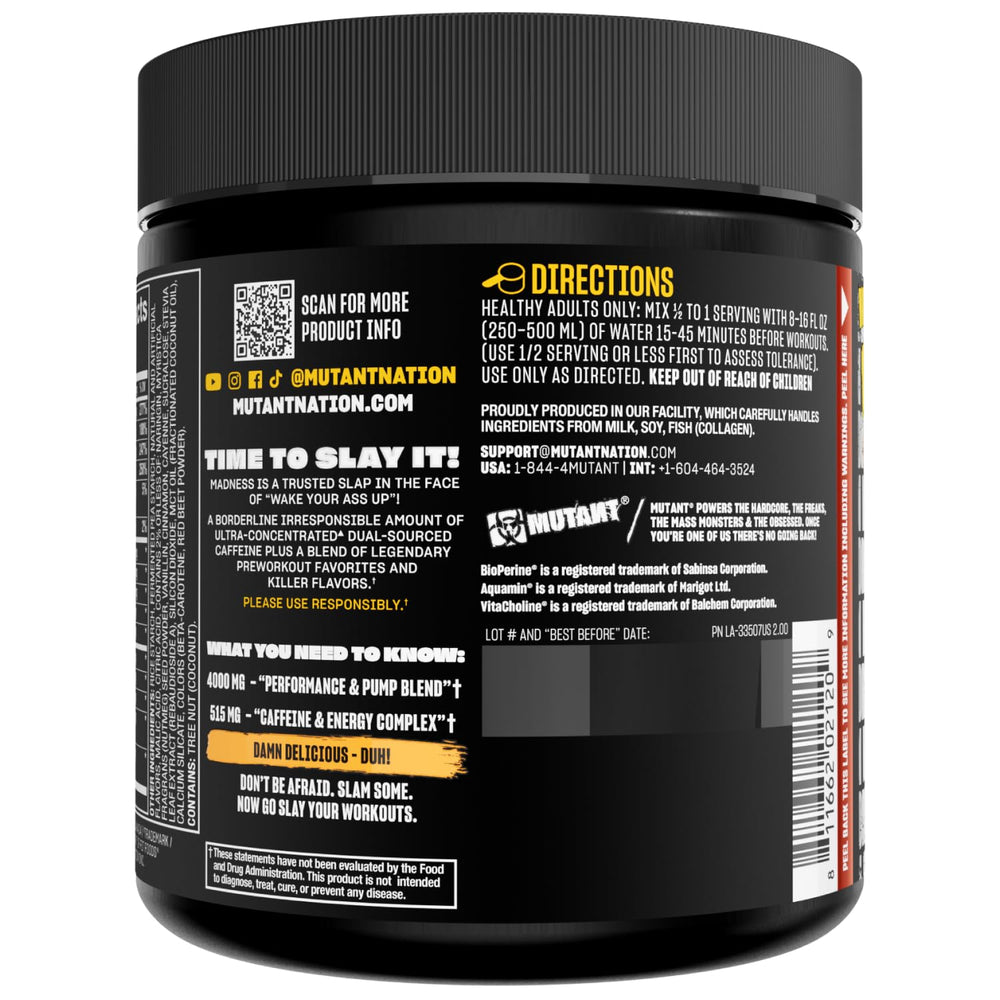 Mutant Madness label close-up communicates flavor and caffeine content