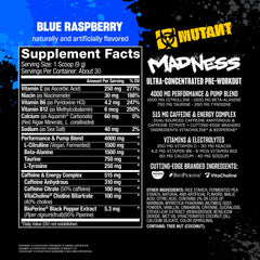 Mutant Madness scoop beside tub illustrating serving size.