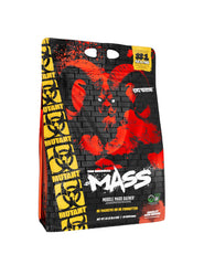 Mutant Mass bottle-label viewed up close for bulk-building nutrition.