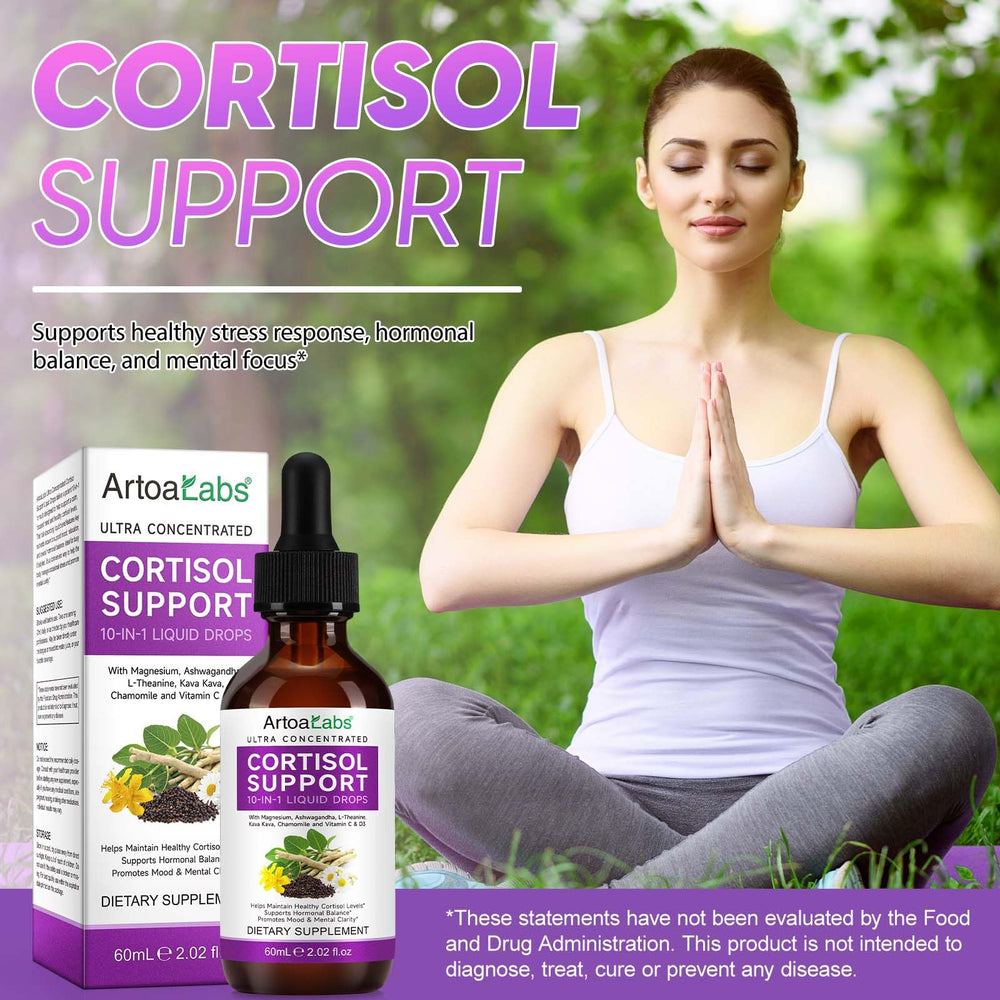 Dropper beside a glass of water and the cortisol bottle