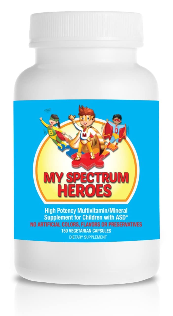 Bottle of My Spectrum Heroes children's multivitamin containing 150 capsules