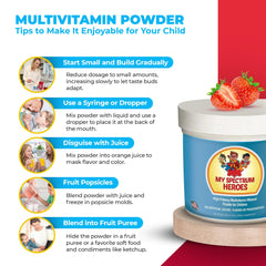 Dairy-free powdered supplement blend in scoop for My Spectrum Heroes