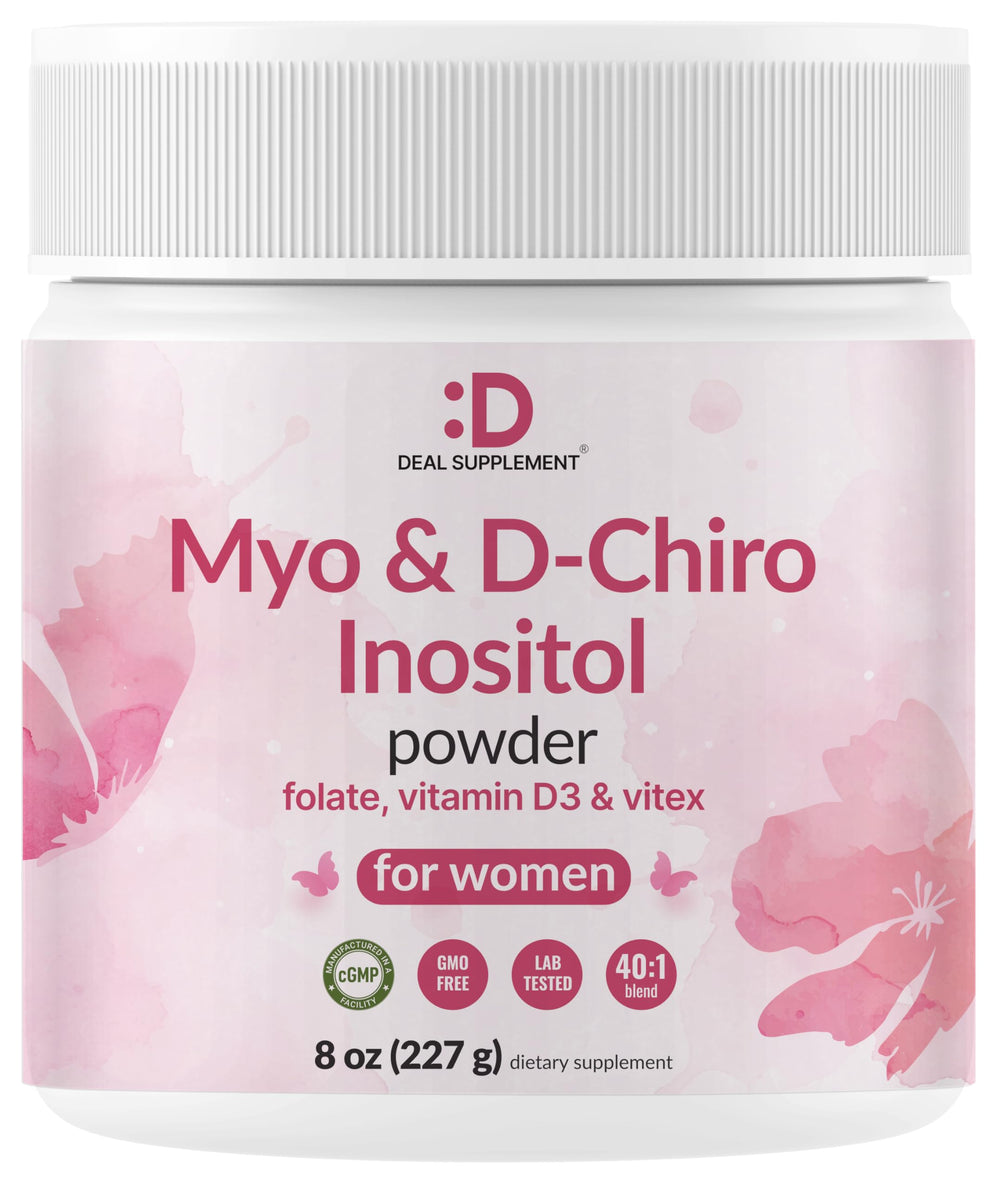 Bottle labeled Myo-Inositol & D-Chiro Inositol supplement for women, 8oz
