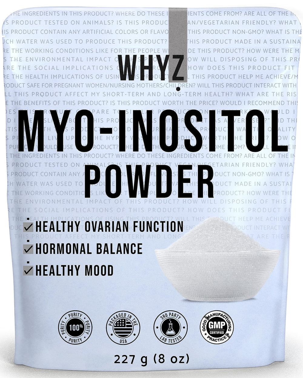 Front view of Myo-Inositol Powder 8oz bottle with label