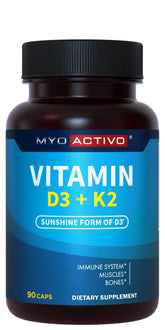 MyoActivo Vitamin D3 K2 vegetarian capsules bottle – front view