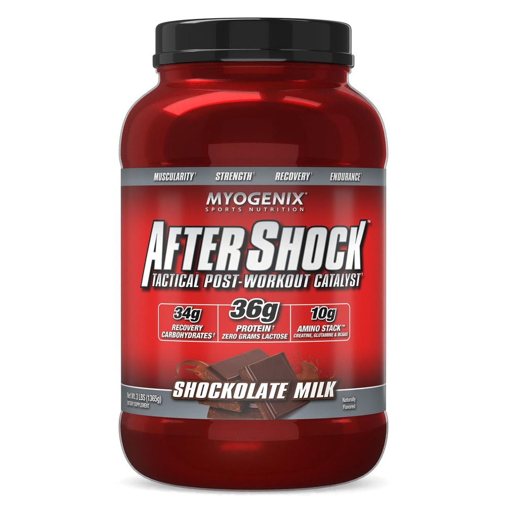 Myogenix Aftershock bottle front showing post-workout recovery potential