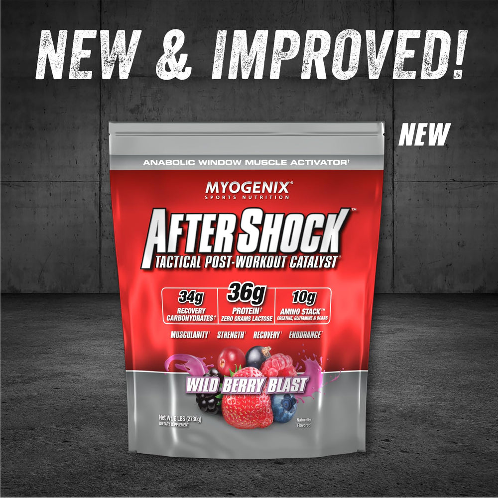Myogenix Aftershock Wildberry Blast pouring into a glass for recovery fueling