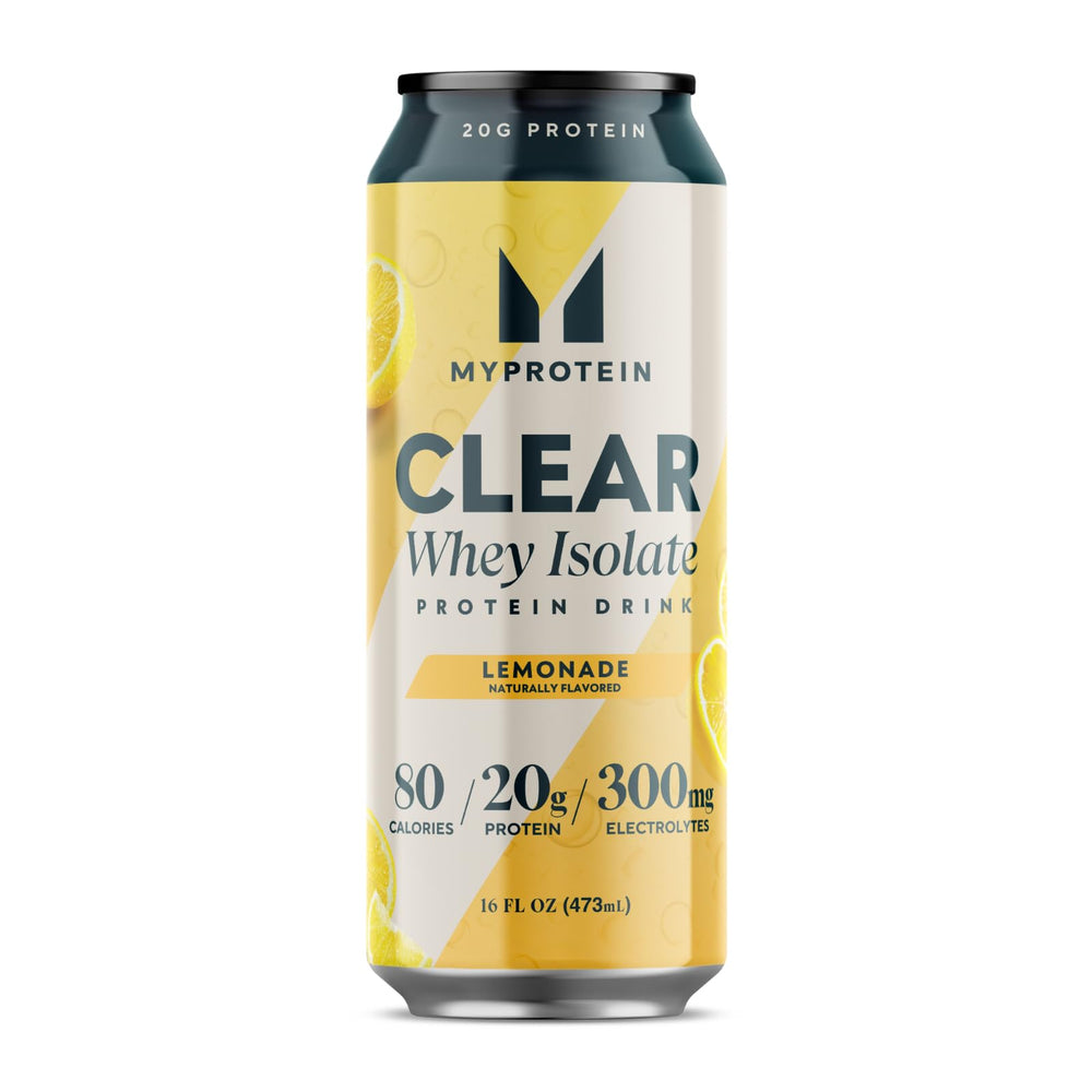 Back view of Myprotein Clear Whey Isolate Lemonade can with nutrition info.