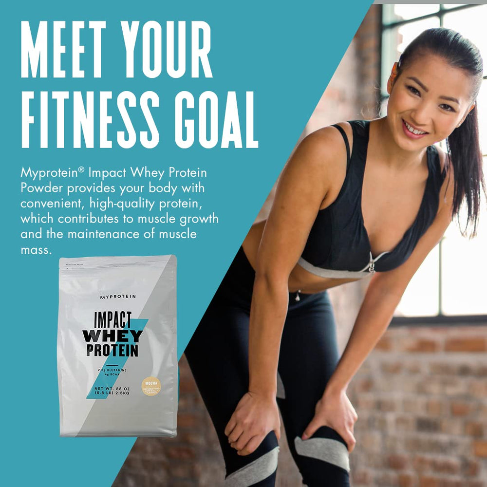 Myprotein Impact Whey Isolate Mocha powder closeup emphasizing rich texture and mixability.