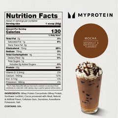 Myprotein Impact Whey Powder Mocha scoop highlighting protein per serving for muscle maintenance