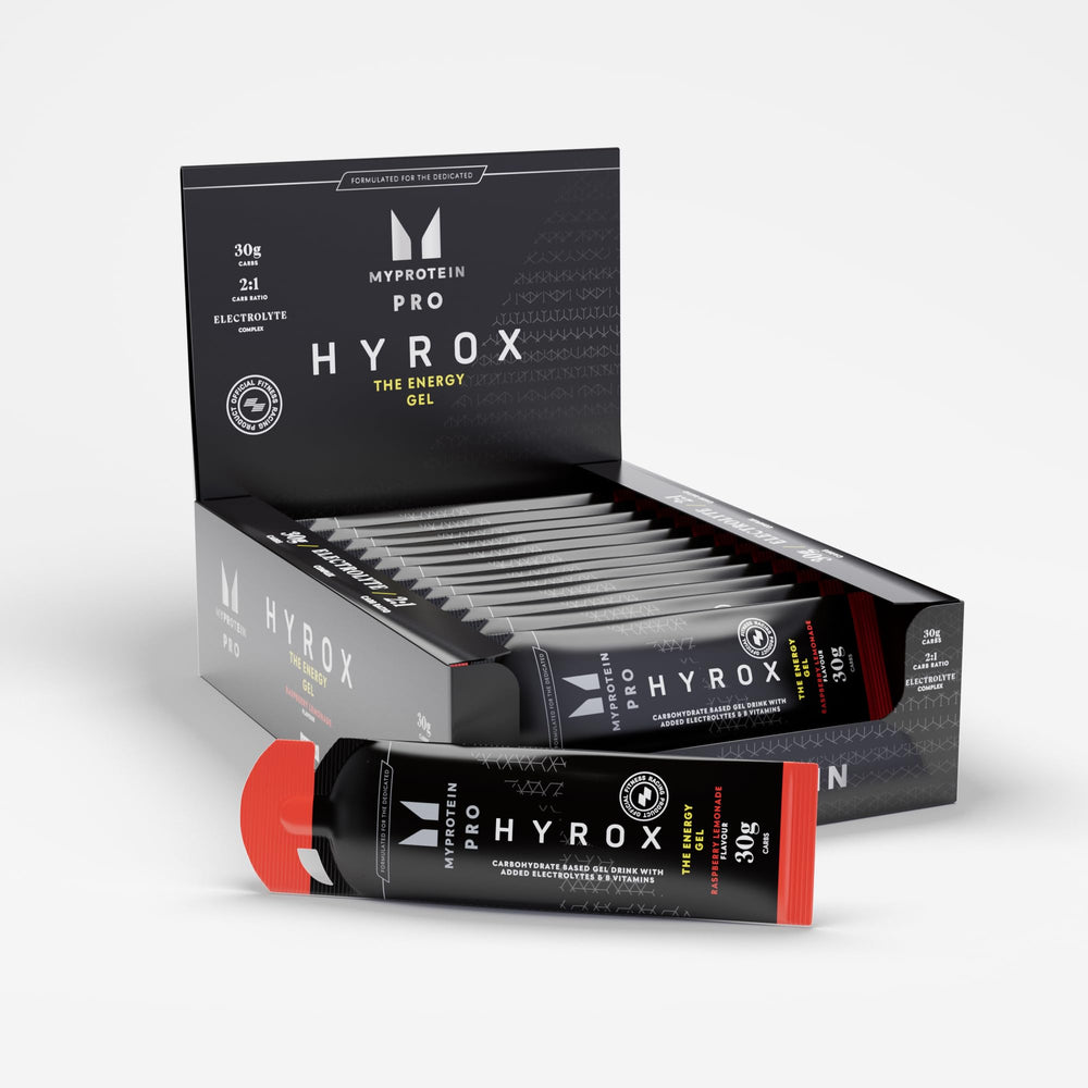 Myprotein Pro X HYROX Energy Gel Raspberry Lemonade pack shows convenient intra-workout fueling for endurance