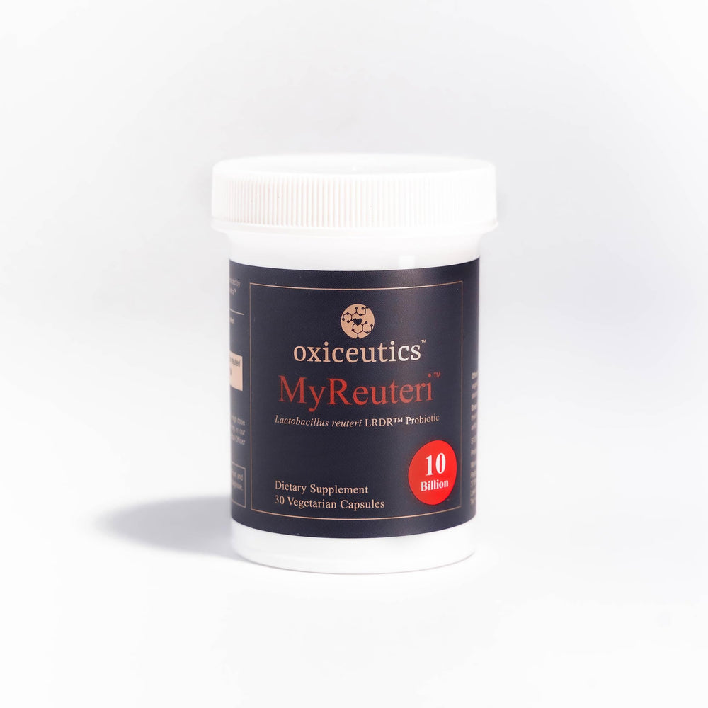 Bottle of MyReuteri Probiotic LRDR with 30 vegan capsules and FOS prebiotic