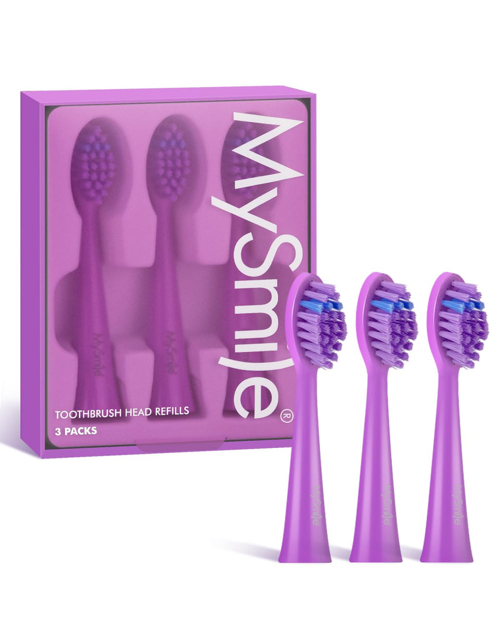 Front view of MySmile DY156 3-pack replacement heads in purple