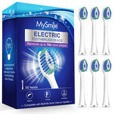 Six MySmile replacement toothbrush heads in white, front view