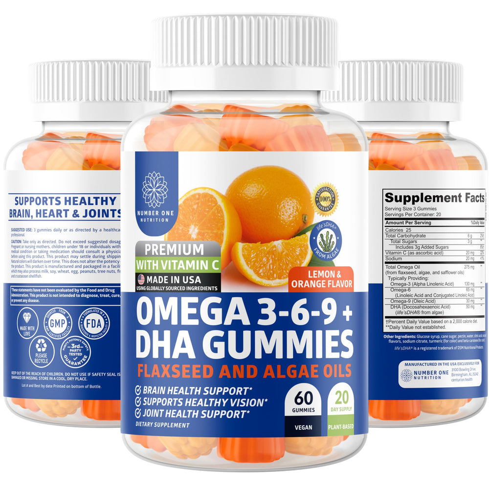 Bottle of N1N Premium Omega 3 6 9 + DHA Gummies - vegan omega supplement