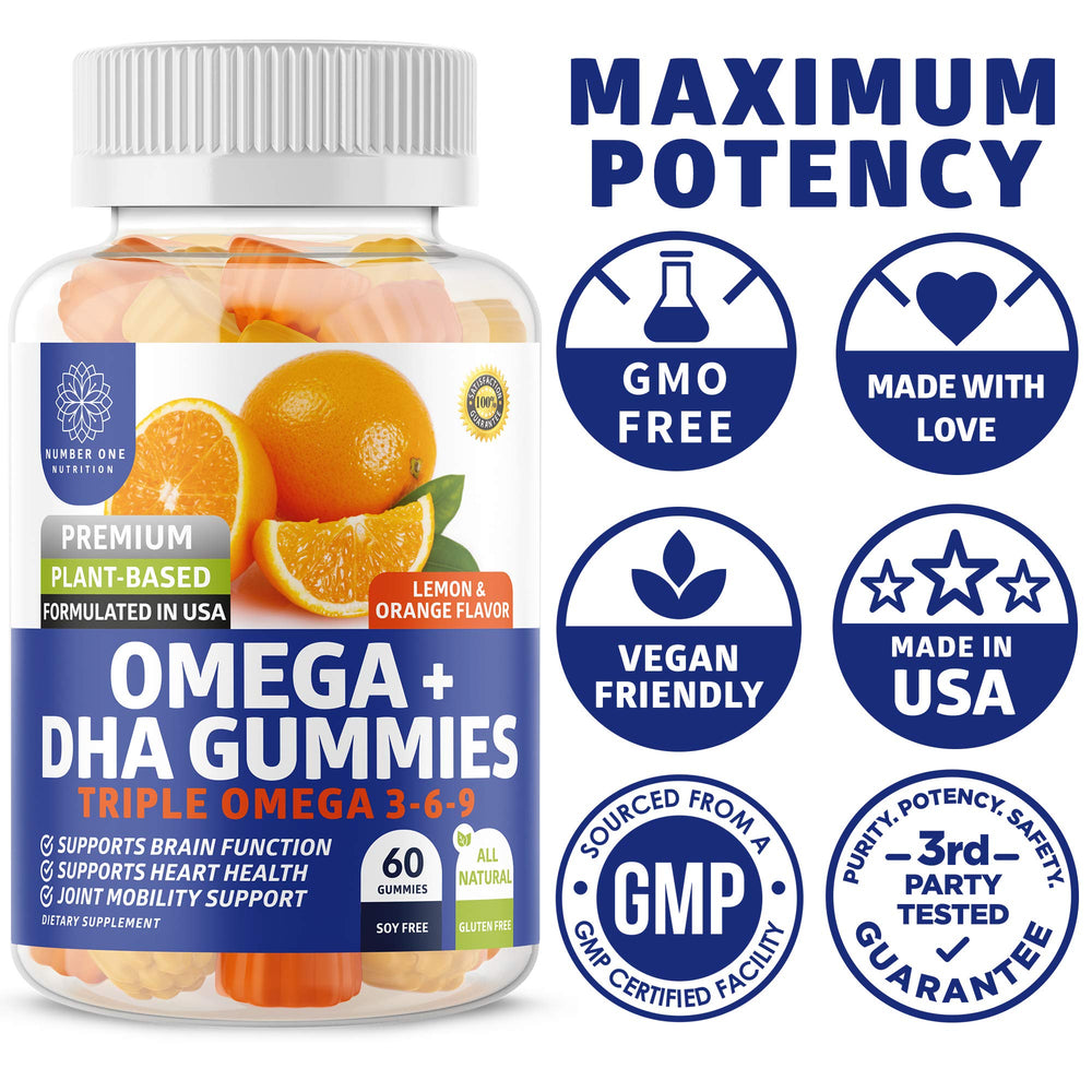 60 gummy bottle front view showcasing vegan omega supplement